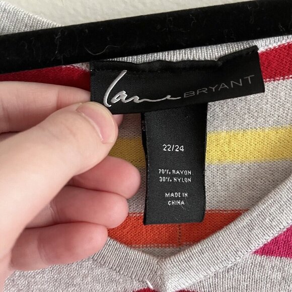 Lane Bryant Women Plus SZ 22/24 Light Gray/Pink/Yellow Striped V-Neck Sweater - Picture 6 of 8